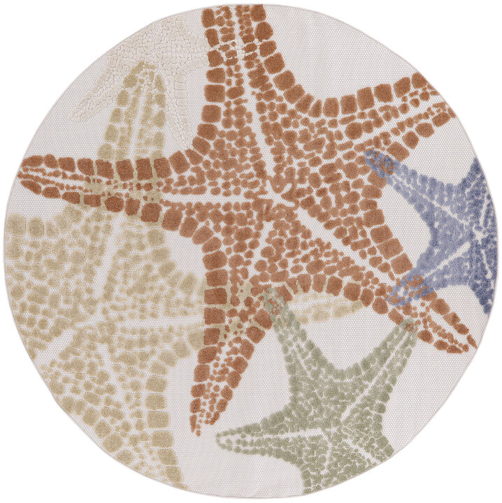 HomeRoots 5' Ivory Yellow Orange And Green Round Starfish Indoor Outdoor Area Rug