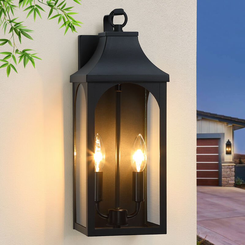 17 in. 2-Light Black Outdoor Wall Lantern with Clear Glass Shade image number 1
