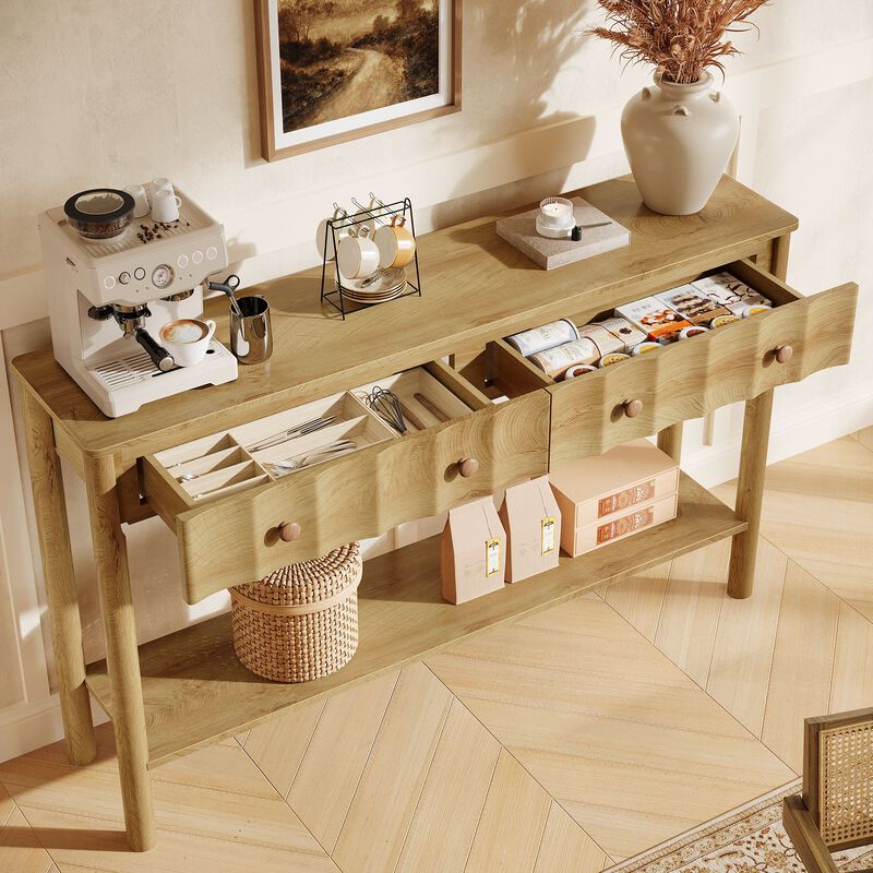 Entryway Console Table with 2 Drawers, Fluted Sofa Table with Open Shelf-Natural image number 4