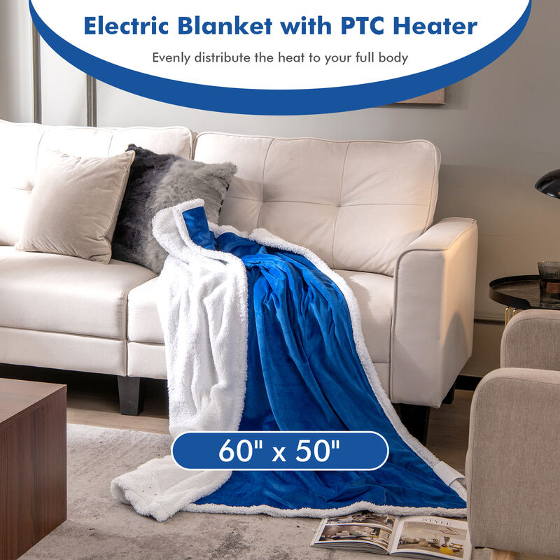 Heated Electric Blanket Throw with 10 Heat Levels-Blue