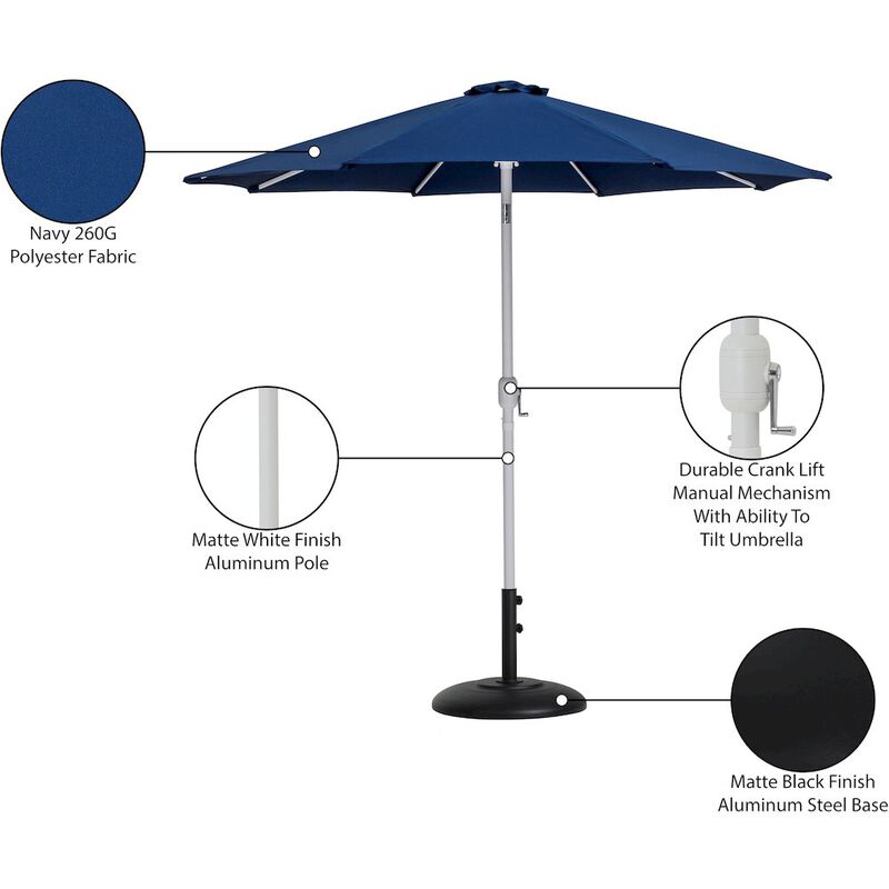 Meridian Furniture Fiji Navy Fabric / Matte Black Aluminum Patio Umbrella with Base Sets