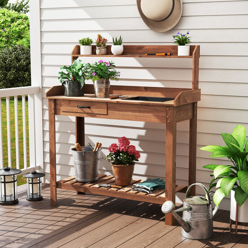 Outdoor Wooden Garden Work Table with Storage Shelves and Drawer for Potting Tasks