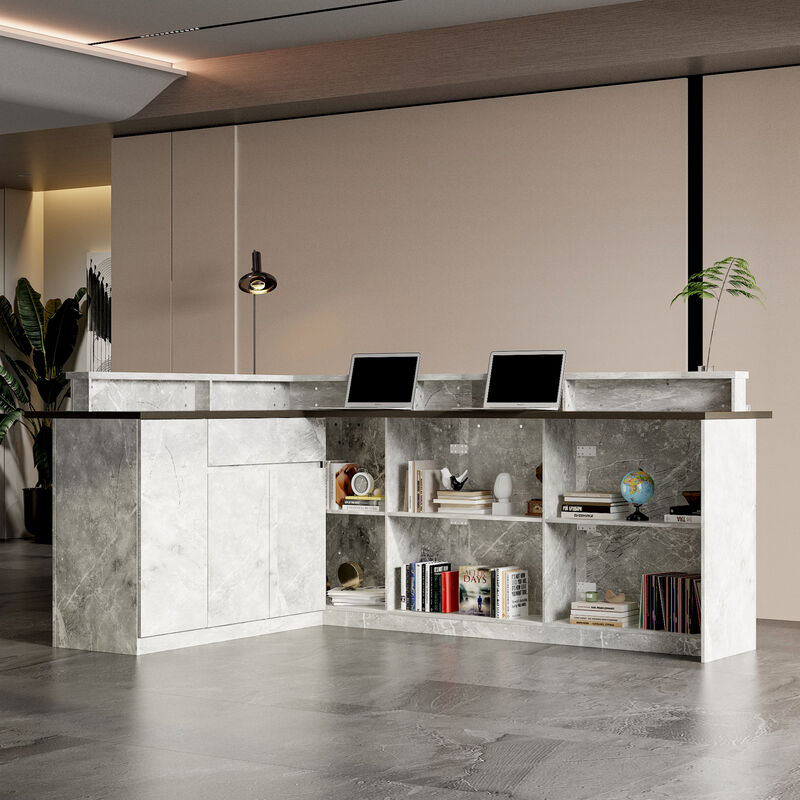 FUFU&GAGA Modern Reception Desk with LED Light Strips, Large Work Surface, Storage Cabinets & Open Shelves, Marble & Brown Finish (94.5 in.  W x 63 in.  D x 41.3 in.  H)