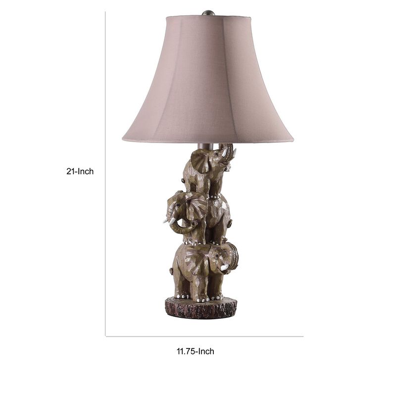 21 Inch Accent Table Lamp, 3 Stacked Elephants, Linen Bell Shade Brown Gray - Benzara image number 4