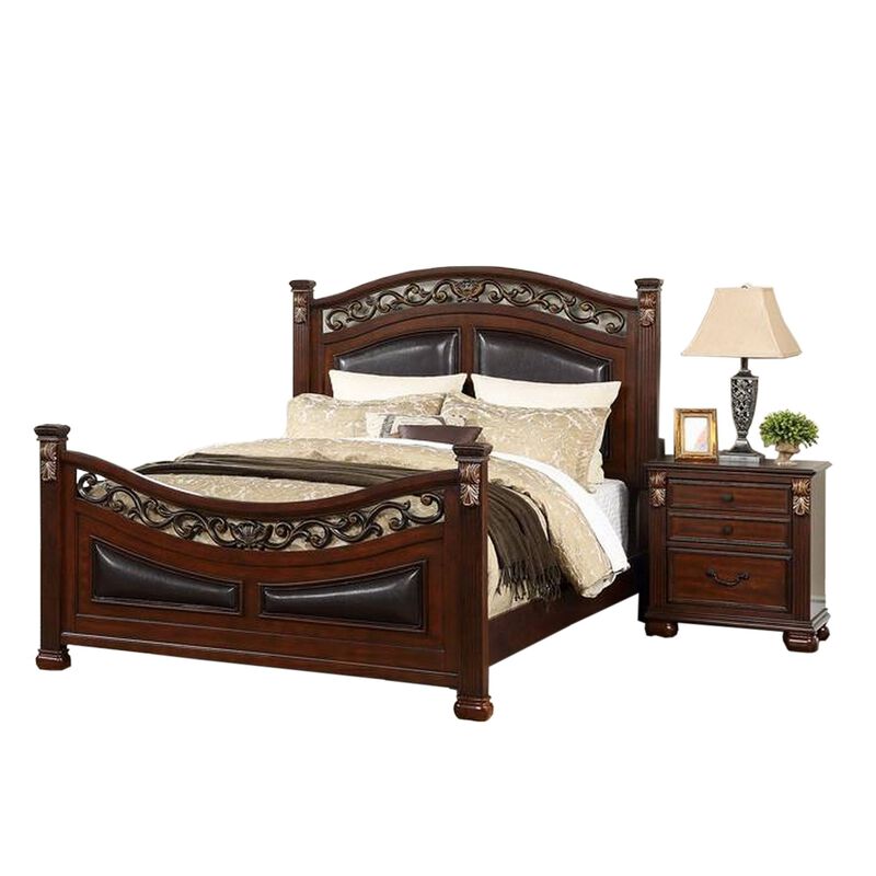 Miri California King Bed, Carved Details, Faux Leather Upholstery, Cherry - Benzara