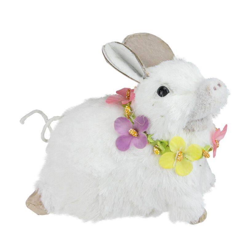 6.5" White Sisal Piglet with Floral Lei Spring Figure