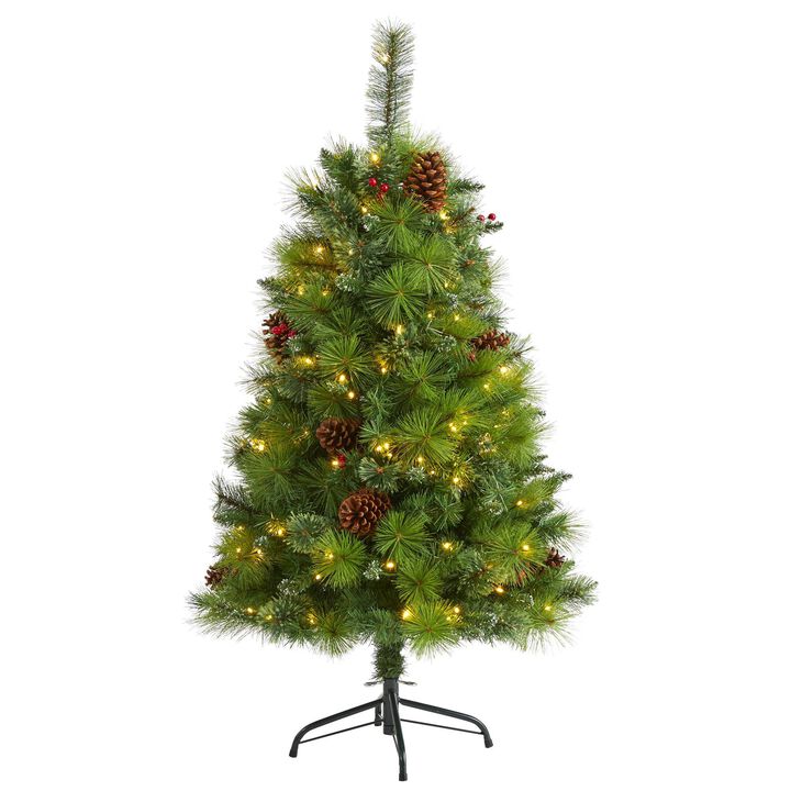 Nearly Natural Montana Mixed Pine Artificial Christmas Tree with Pine Cones, Berries and Clear LED Lights