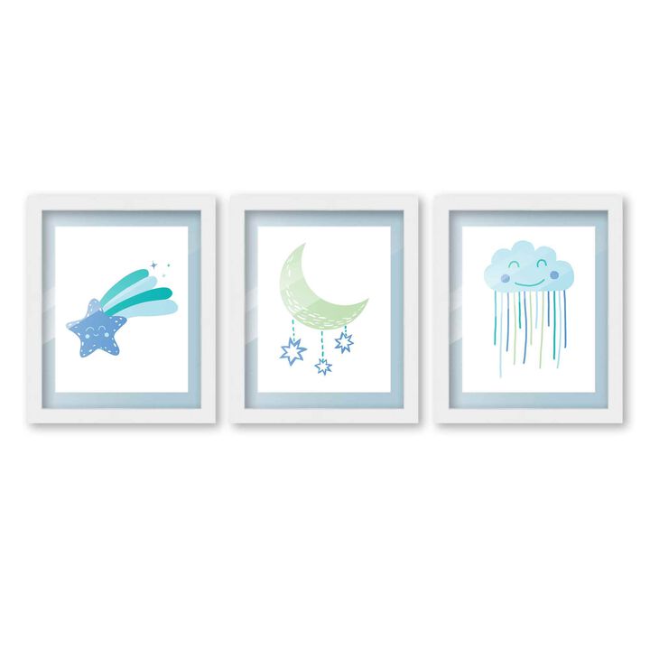 8x10 Framed Nursery Wall Art Set of 3 Boho Galaxy Prints in Blue with Baby Blue Mat in a 10x12 White Wood Frames