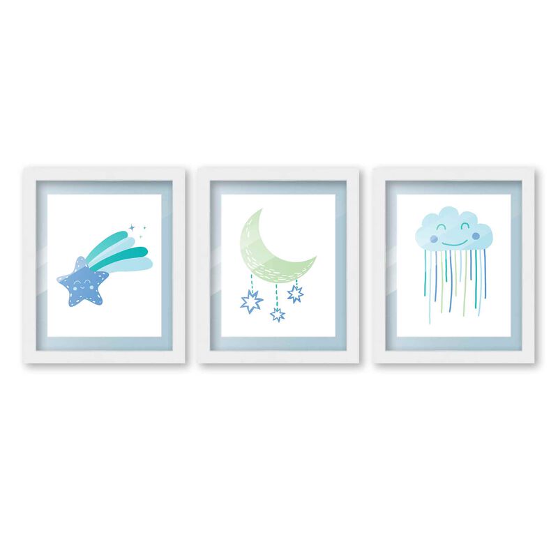 8x10 Framed Nursery Wall Art Set of 3 Boho Galaxy Prints in Blue with Baby Blue Mat in a 10x12 White Wood Frames