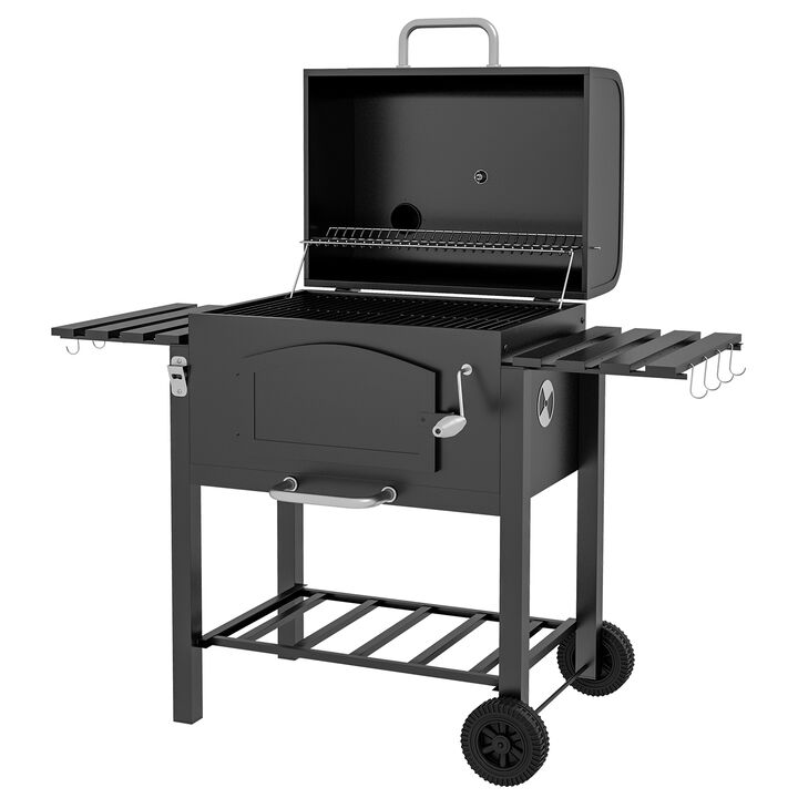 Outsunny Charcoal Grill BBQ with Adjustable Height, Portable Barbecue Smoker with Folding Shelves, Thermometer, Bottle Opener, Wheels for Outdoor Camping, Picnic, Patio, Backyard, Black
