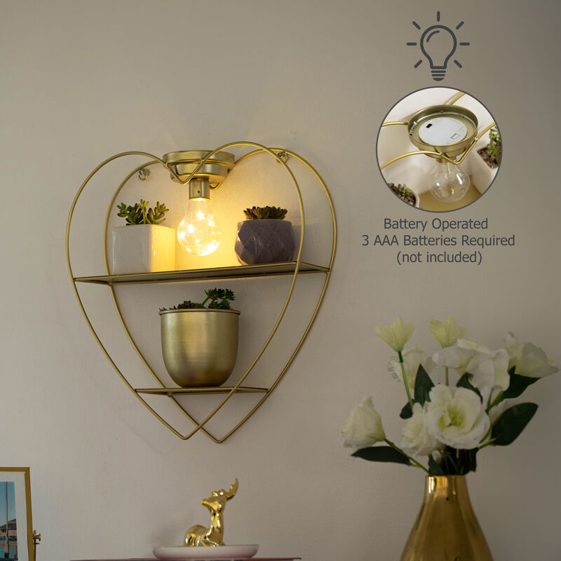 Vintiquewise Heart-Shaped 2-Tier Floating Metal Wall Shelf with Overhead Light Bulb &ndash; Decorative Wall-Mounted Shelf for Bedroom, Living Room, Hallway, Bathroom, or Entryway Decor, Gold Finish