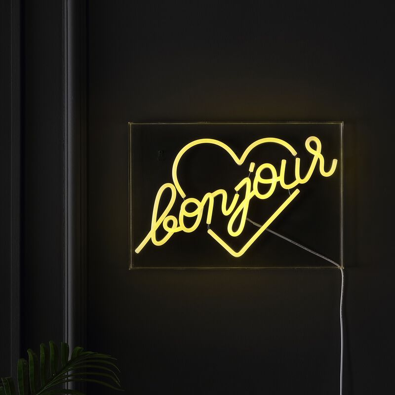Bonjour Heart 15" X 10.3" Contemporary Glam Acrylic Box USB Operated LED Neon Light, Yellow