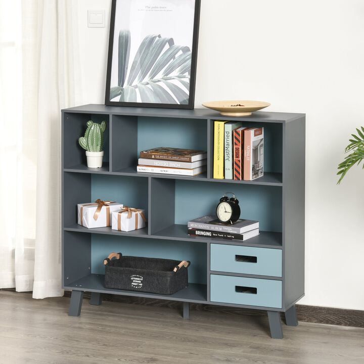 3-Tier Modern Bookcase Chest Open Shelves Cabinet Floor Standing Home Office Storage Furniture Shelving with Drawers, Blue