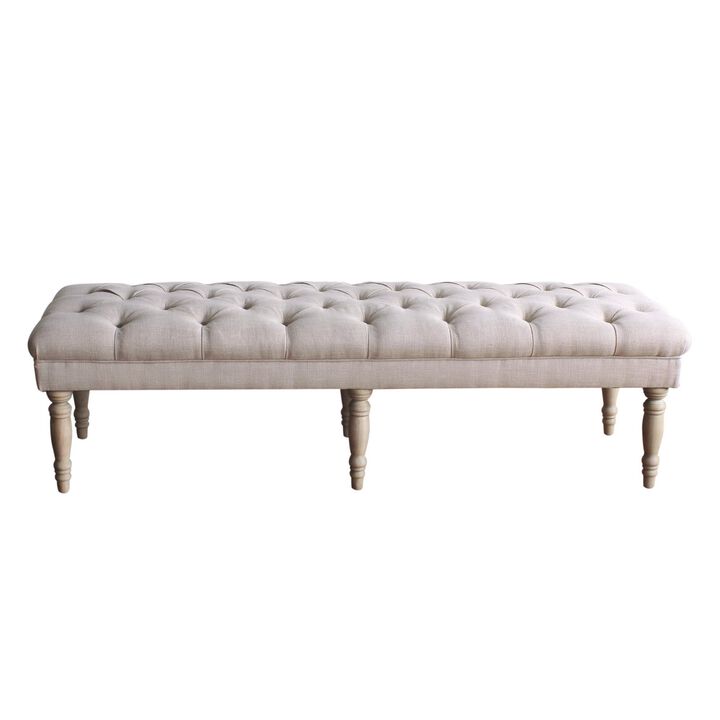 Wooden Bench with Button Tufted Fabric Upholstered Seat and Turned Legs, Cream - Benzara