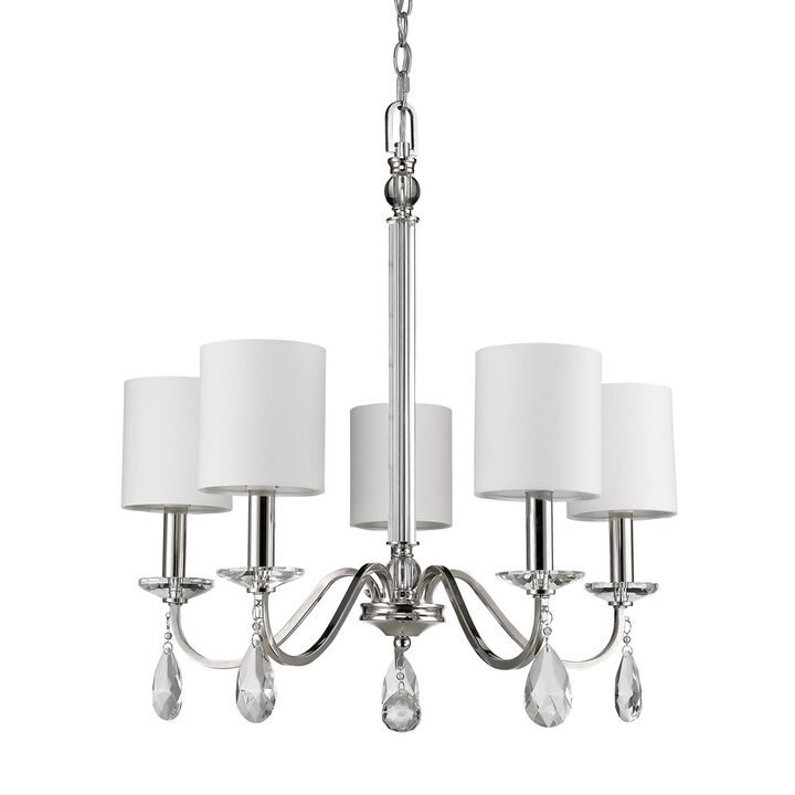 Hivvago Silver Candle Style Five Light Metal and Crystals Dimmable Chandelier With White Shades