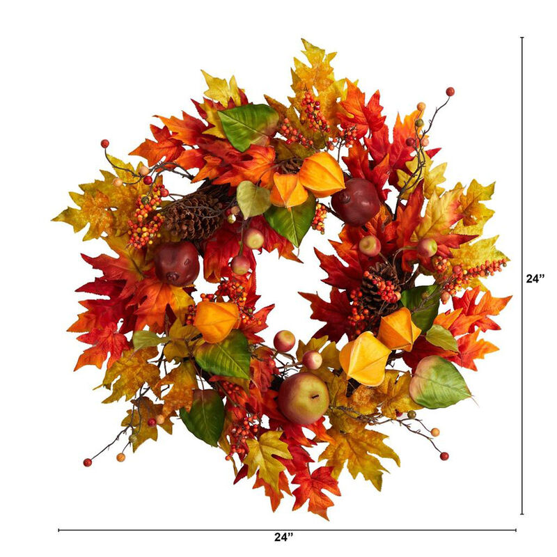 Nearly Natural 24-in Autumn Maple Leaf and Berries Fall Artificial Wreath