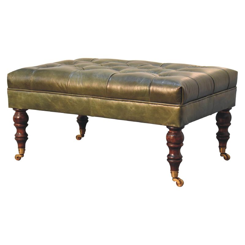 Artisan Furniture  Solid Wood Buffalo Green Leather Ottoman with Castor Legs