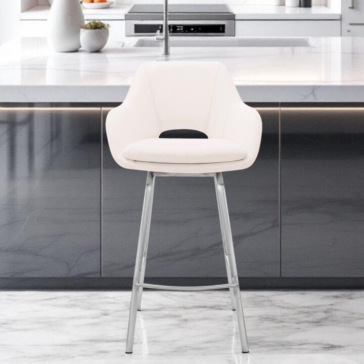 Hivvago 30 Inch White And Silver Iron Swivel Low Back Bar Height Bar Chair