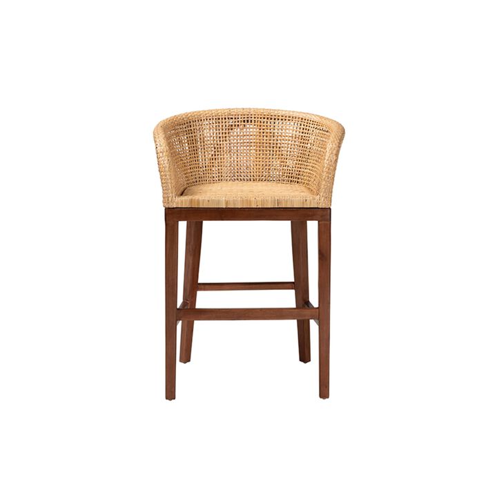 bali & pari Papua Modern Bohemian Natural Rattan and Walnut Brown Acacia Wood Counter Stool
