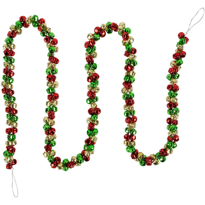 5' Green  Gold and Red Jingle Bell Christmas Garland  Unlit