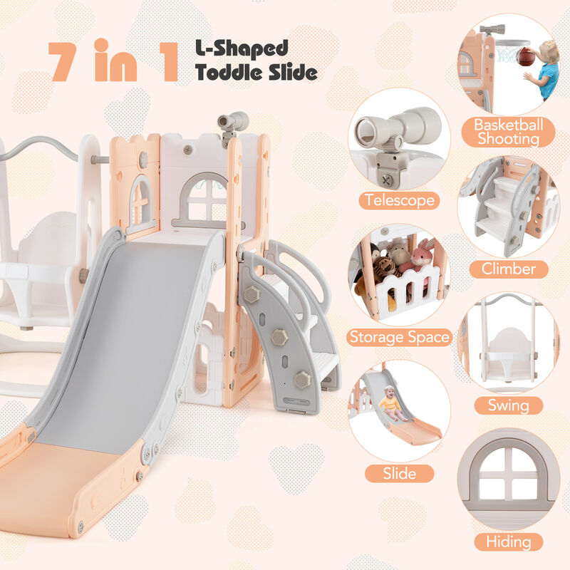 L Shaped 7 in 1 Toddler Swing Set with Slide, Ladder and Basketball Hoop image number 5