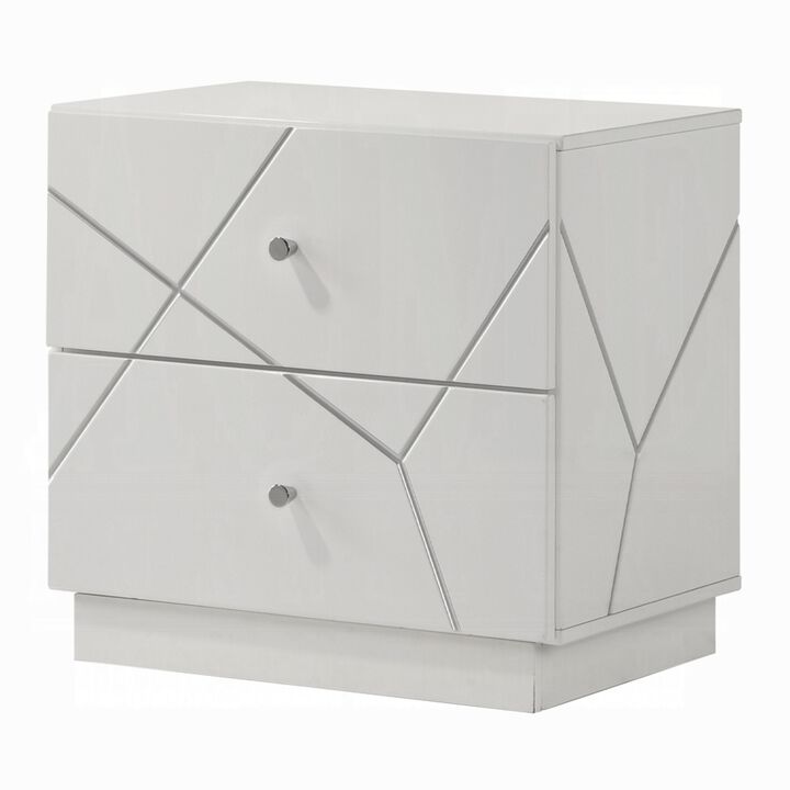 Esy Nightstand, 2 Drawers with Crystal Knobs, White Carved Pattern