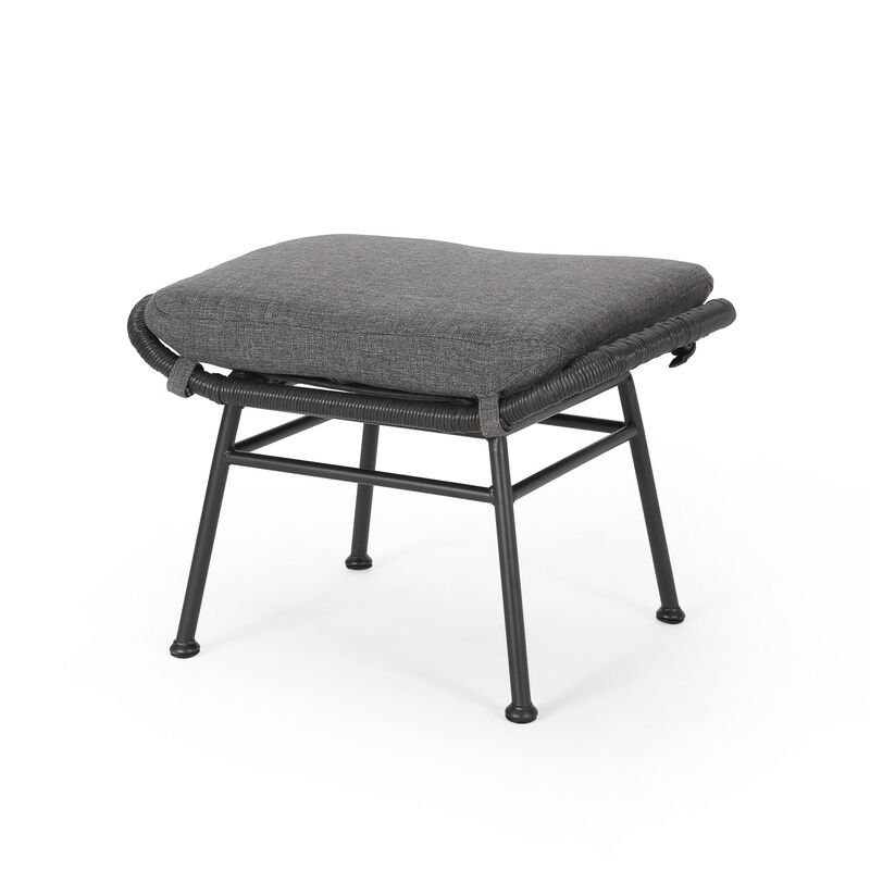 Margo Outdoor Ottoman Set of 2, 24 Inch Black Iron, Gray Cushion - Benzara