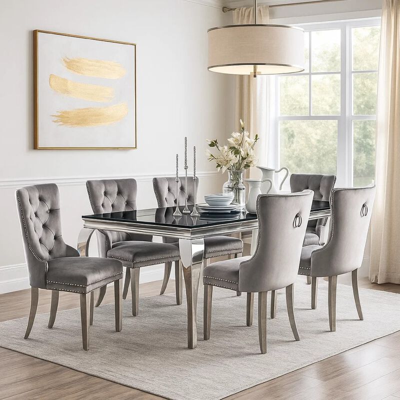 Vendy 7pc Dining Set with Tempered Glass Table, Gray Wingback Chairs image number 6