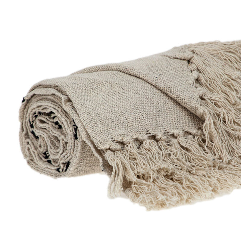 HomeRoots 52" X 67" Beige and Black Woven Cotton Striped Throw Blanket with Tassels image number 2