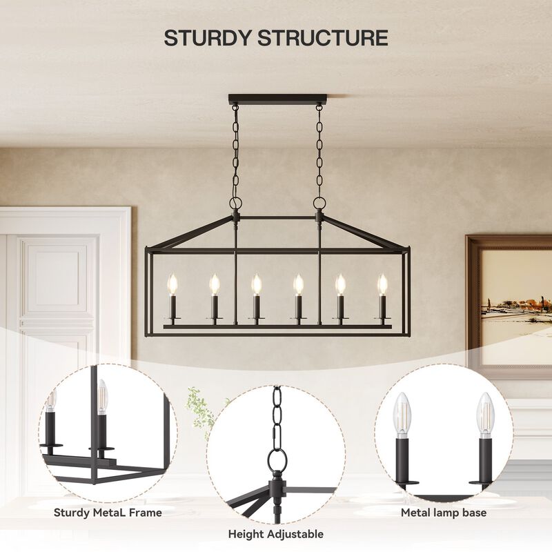 Six-Light Farmhouse Kitchen Island Chandelier, Black Candle Cage image number 5