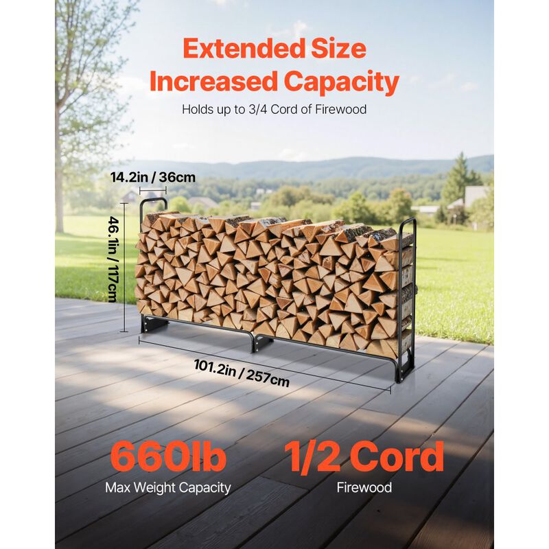 Outdoor Firewood Rack with Waterproof Cover Heavy Duty Steel Log Storage Holder-Black image number 2