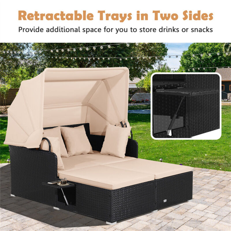 Rattan Daybed Lounge with Retractable Canopy, Side Tables & Cushions image number 9