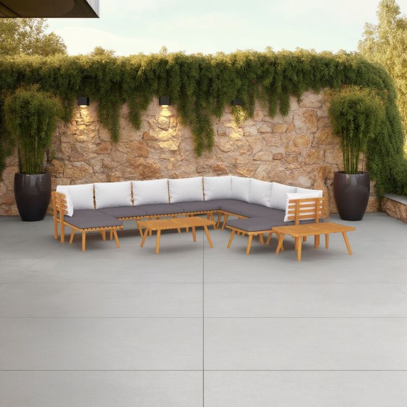 Roma 12pc Set Outdoor Modular Sofa, 2 Tables Acacia Wood, Gray, White - Benzara