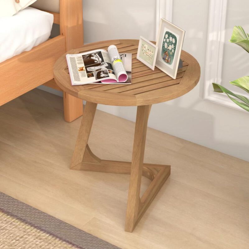 Hivvago Teak Wood Side Table Round Sofa End Table with Slatted Tabletop