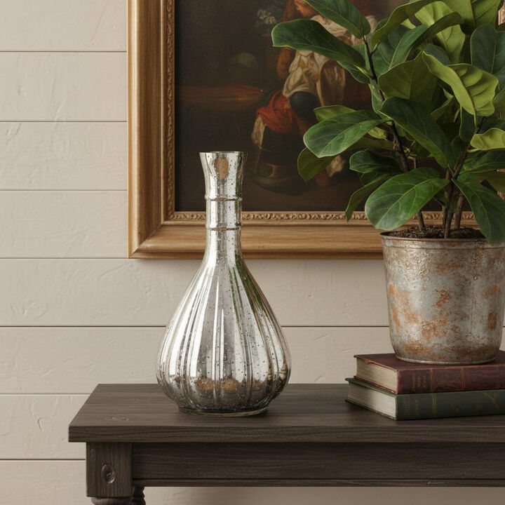 HomeRoots 10" Antiqued Silver Glass Round Table Vase