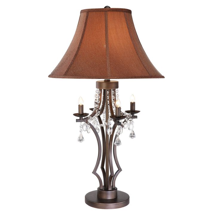 35 Inch Table Lamp, Empire Fabric Shade, Crystal, Antique Bronze Base-Benzara