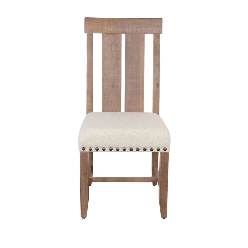 Anva Dining Chair Set of 2, Slat Back, White Fabric, Dark Brown Wood - Benzara