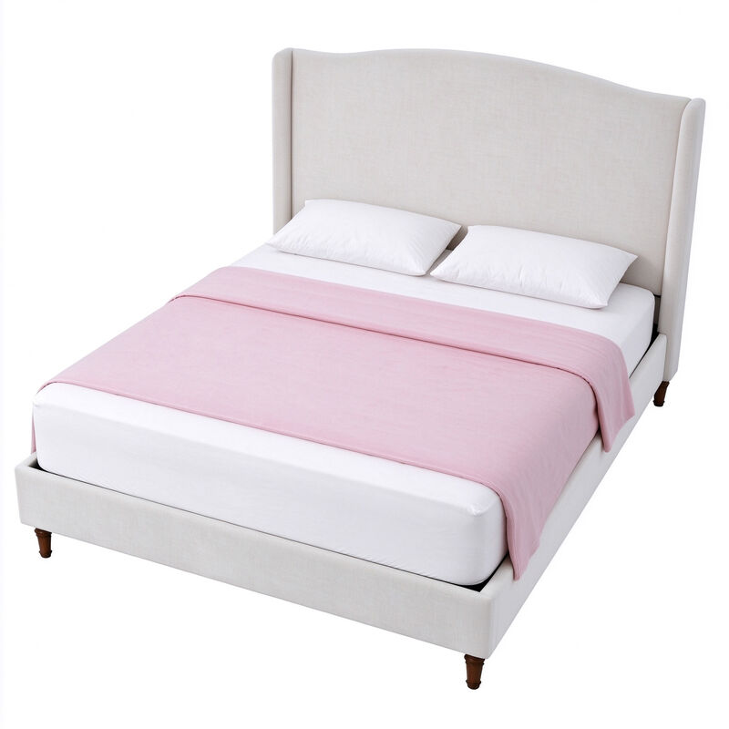 Queen Wingback Upholstered Bed with 54" Camelback Headboard, Ivory Textured Fabric image number 2