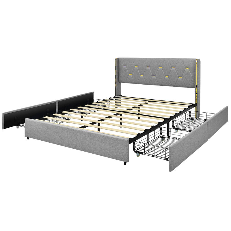 Full/Queen Size Upholstered Bed Frame with 4 Drawers-Silver
