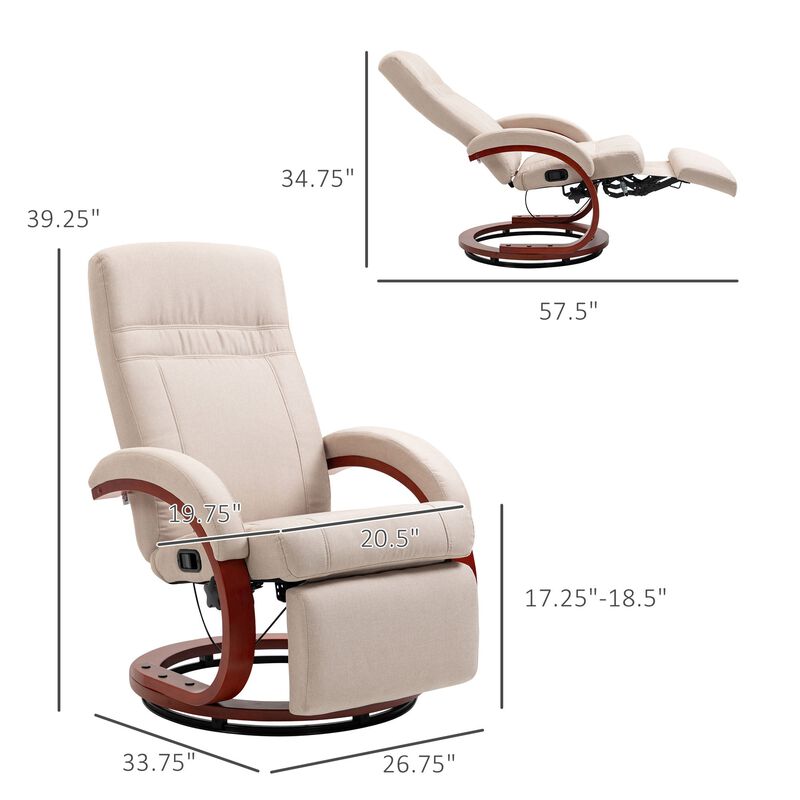 Manual Recliner Chair for Adults, Adjustable Swivel Recliner with Footrest, Padded Arms and Wood Base for Living Room, Beige