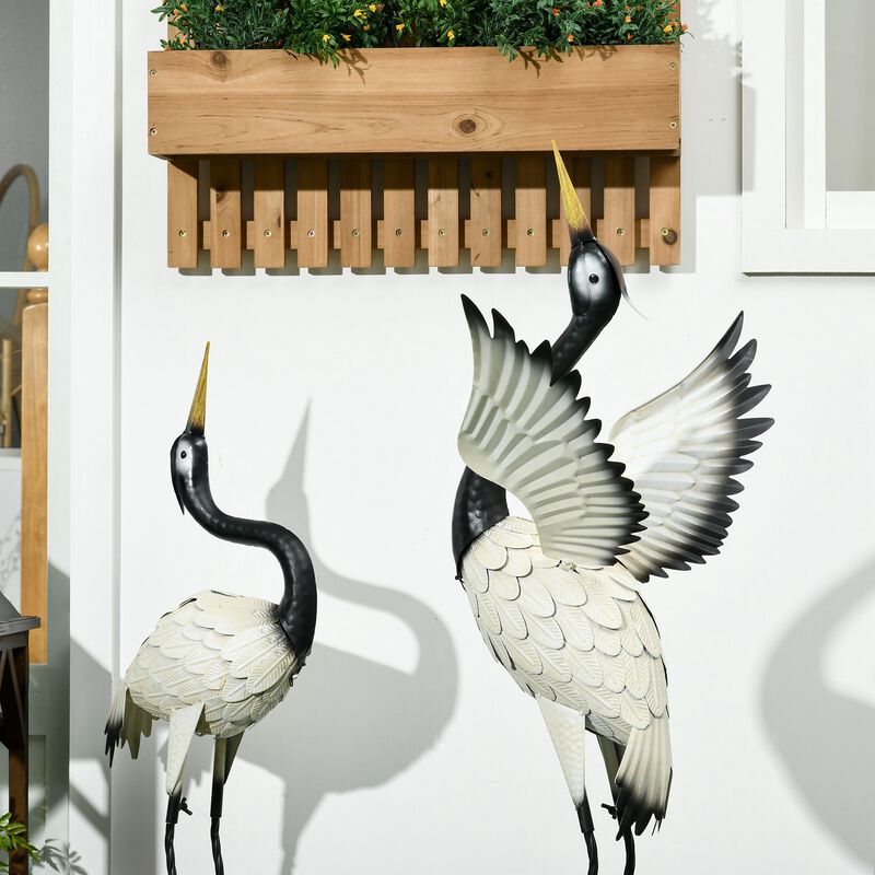 Outsunny Heron Garden Statues, 35.5" & 40.5" Standing Bird Sculptures, Metal Yard Art Decor for Lawn, Patio, Backyard, Landscape Decoration Set of 2, White & Black