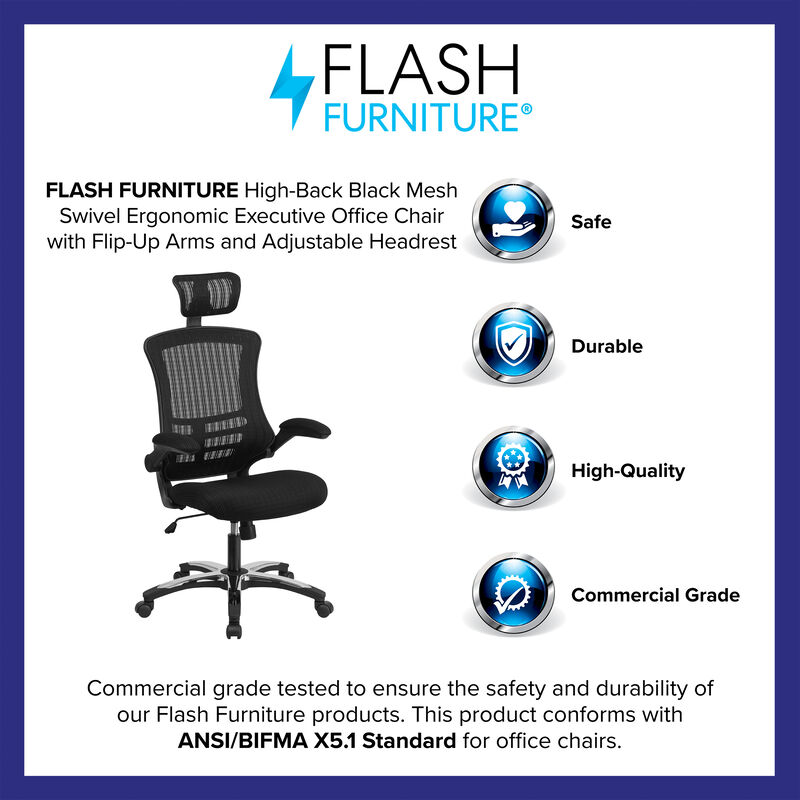 Kelista High-Back Black Mesh Swivel Ergonomic Executive Office Chair with Flip-Up Arms and Adjustable Headrest image number 7
