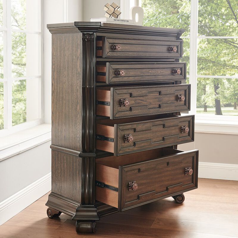 Best Master Furniture Belvedere 54" Traditional 5-Drawer Tallboy Chest, Carved Wood - Dark Cherry image number 7