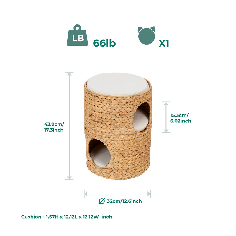 Neith 3-Tier Woven Water Hyacinth Cat Tower with Washable Cushions, Tan/Cream image number 6