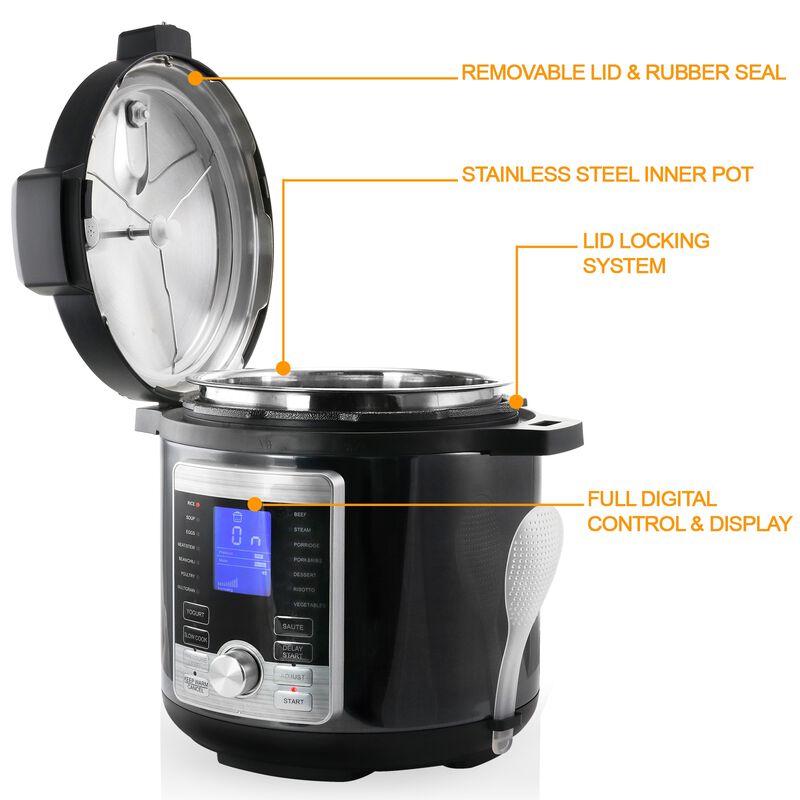 MegaChef 6 Quart Stainless Steel Electric Digital Pressure Cooker with Lid