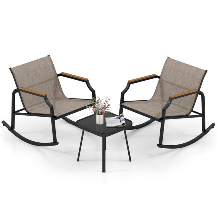 Hivvago 3 Piece Patio Rocking Bistro Set with Tempered Glass Coffee Table and Armrests for Porch