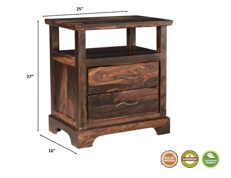 HomeRoots 27" Dark Brown Solid Wood Two Drawer Nightstand image number 6