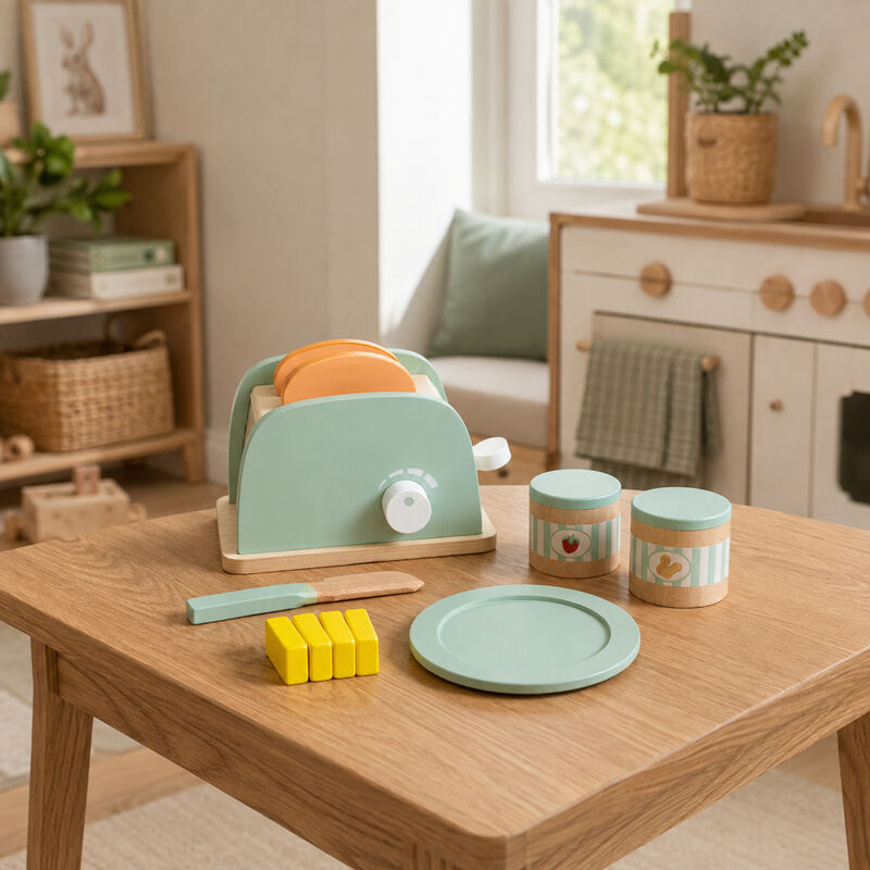 Teamson Kids 10-Piece Wooden Toy Toaster and Pretend Play Food Set, Green Set with Pretend Bread, Knife and Plate for Interactive Play, Little Chef Frankfurt image number 8