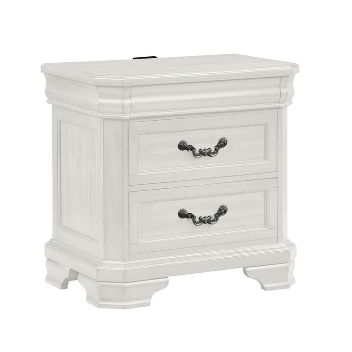 Lynda Nightstand, 2 Drawers Metal Handles, White Acacia Wood 27 Inch