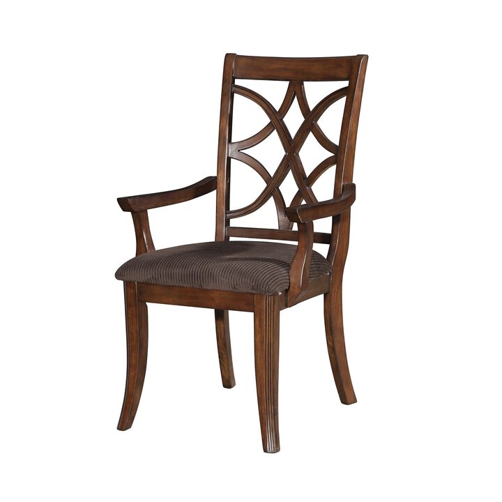 Wooden Arm Chair with Fabric Padded Seat and Lattice Design Backrest, Brown, Set of Two-Benzara